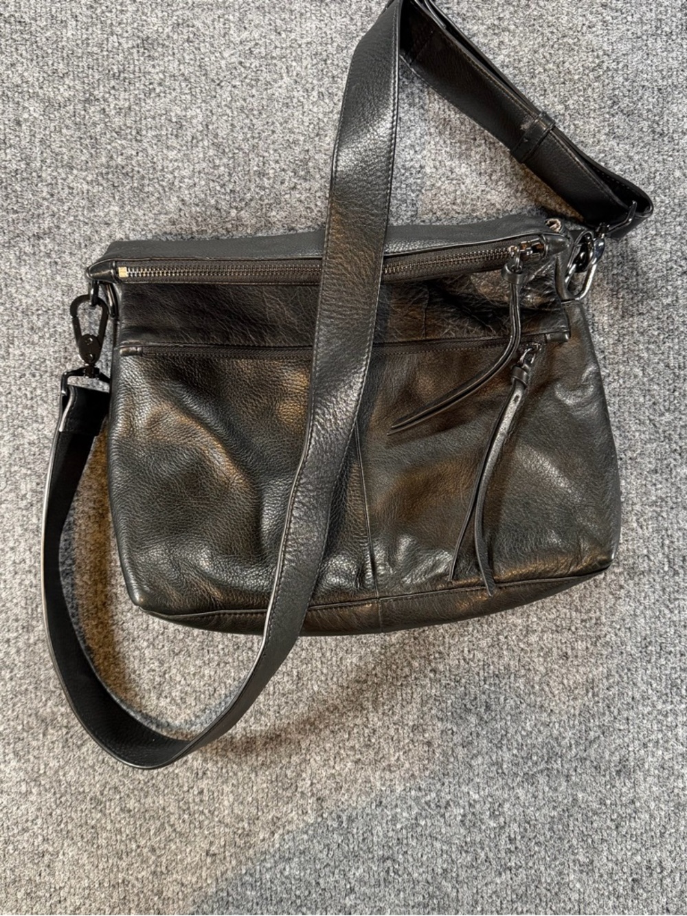 Margot black pebbled leather shoulder bag double zip top snap front back middle